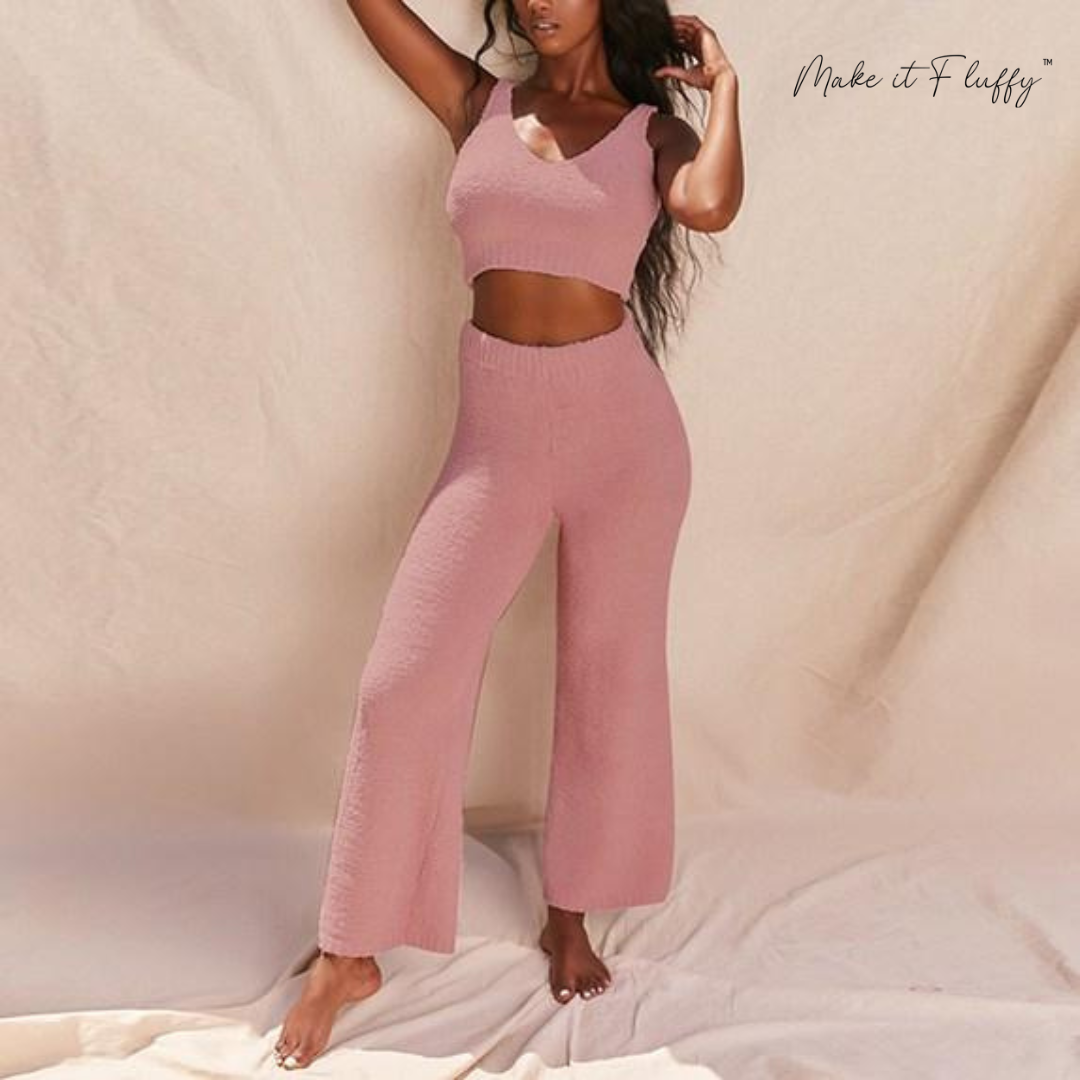 Plush V-Neck Cropped Vest & Trousers Set
