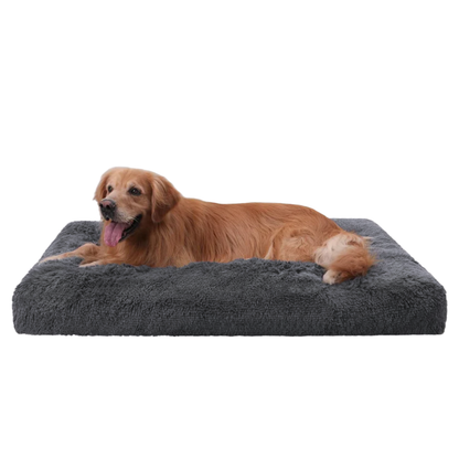 DreamNest Orthopedic Pet Bed in Dark Gray inside a wire crate