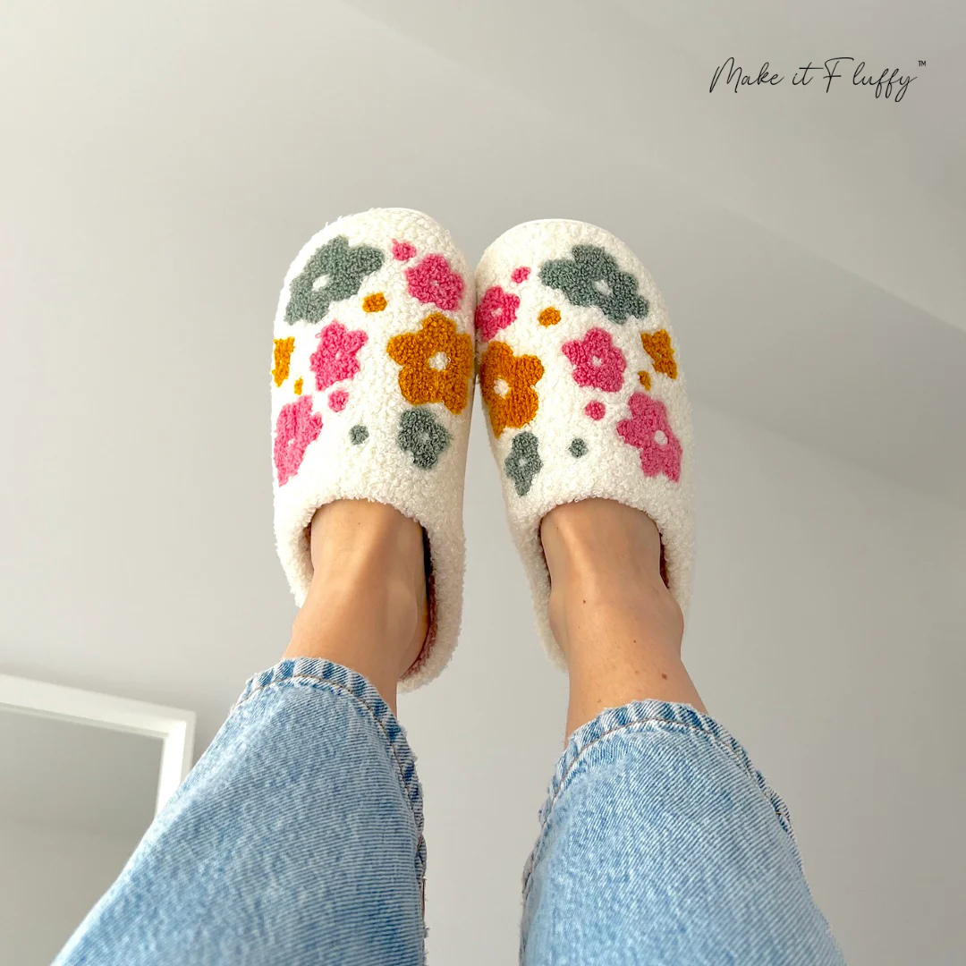 Fluffy Livia Flower Slippers—Women’s Soft Plush Slip-Ons