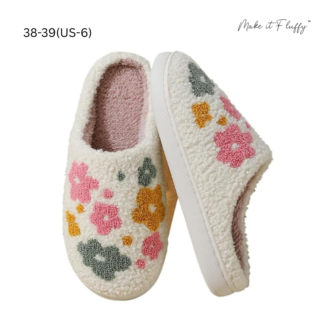 Fluffy Livia Flower Slippers—Women’s Soft Plush Slip-Ons