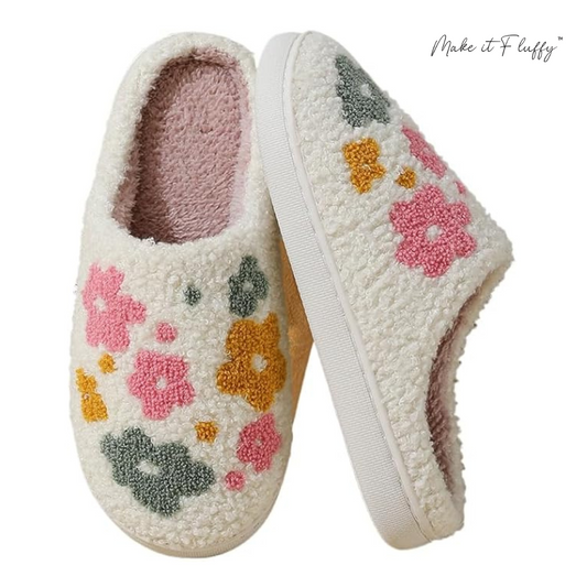 Fluffy Livia Flower Slippers—Women’s Soft Plush Slip-Ons