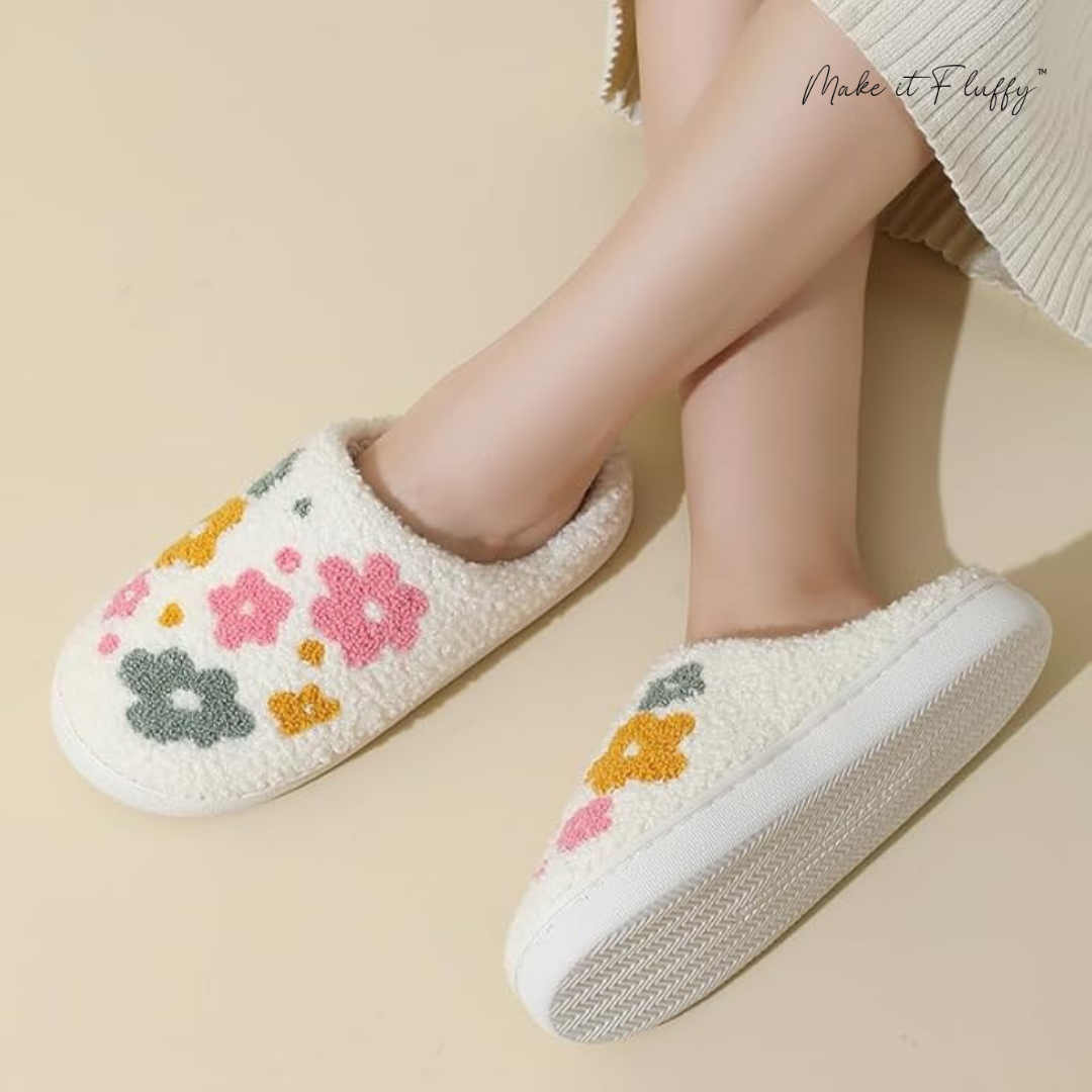 Fluffy Livia Flower Slippers—Women’s Soft Plush Slip-Ons