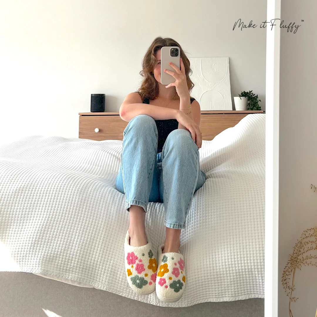 Fluffy Livia Flower Slippers—Women’s Soft Plush Slip-Ons