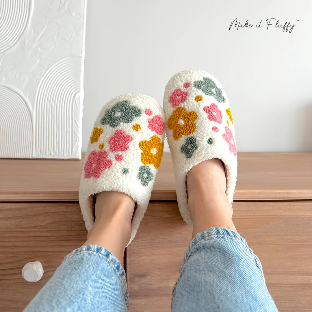 Fluffy Livia Flower Slippers—Women’s Soft Plush Slip-Ons
