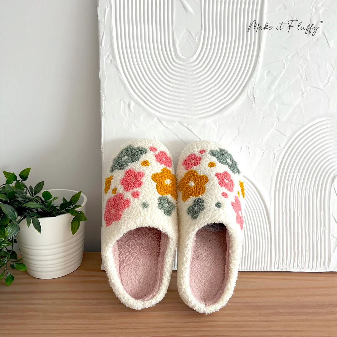 Fluffy Livia Flower Slippers—Women’s Soft Plush Slip-Ons
