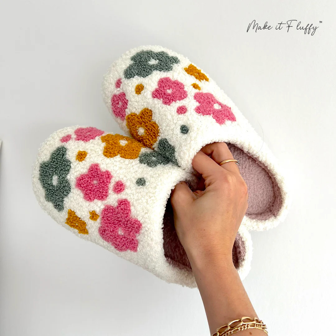 Fluffy Livia Flower Slippers—Women’s Soft Plush Slip-Ons