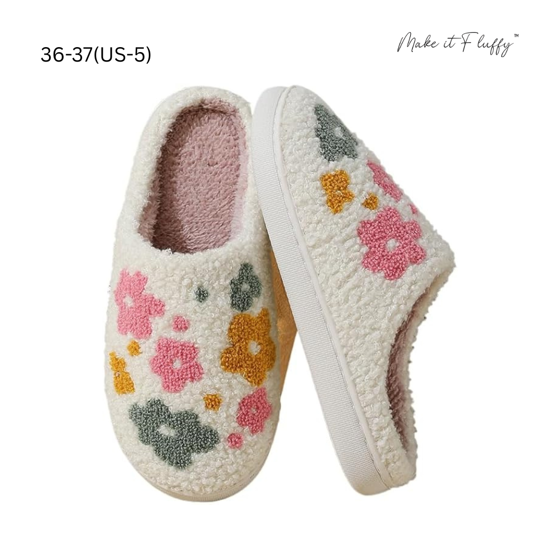 Fluffy Livia Flower Slippers—Women’s Soft Plush Slip-Ons