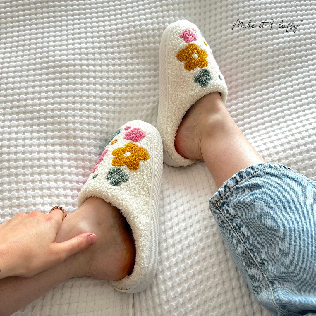 Fluffy Livia Flower Slippers—Women’s Soft Plush Slip-Ons