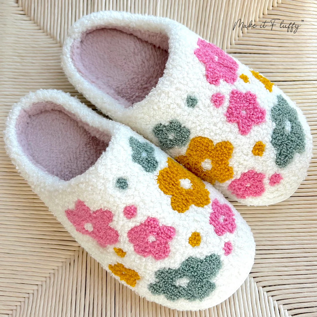 Fluffy Livia Flower Slippers—Women’s Soft Plush Slip-Ons