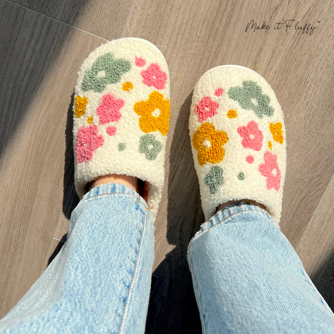 Fluffy Livia Flower Slippers—Women’s Soft Plush Slip-Ons