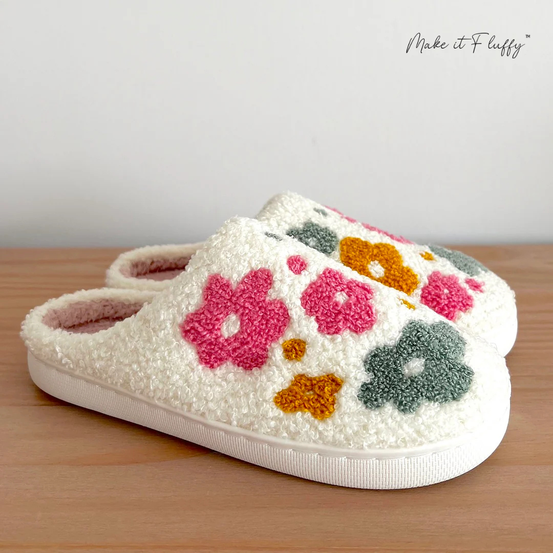 Fluffy Livia Flower Slippers—Women’s Soft Plush Slip-Ons
