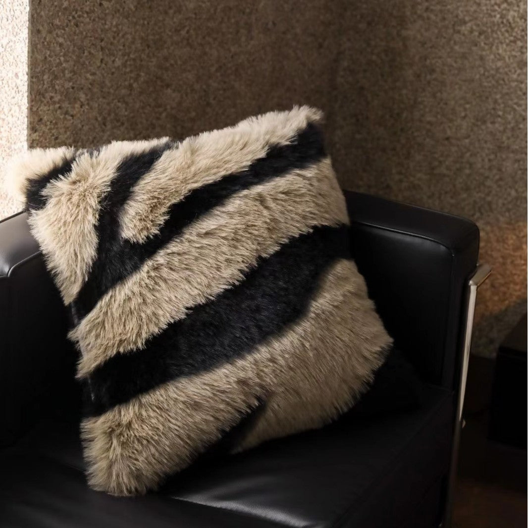 Beige and black zebra pattern faux fur cushion
